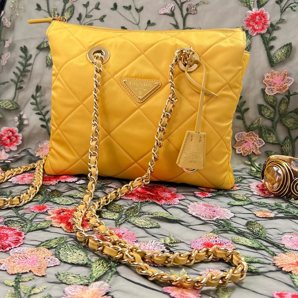 Auth PRADA Bag • Authentic PRADA 1995 Re-Edition Chain Tote in Yellow Re-Nylon